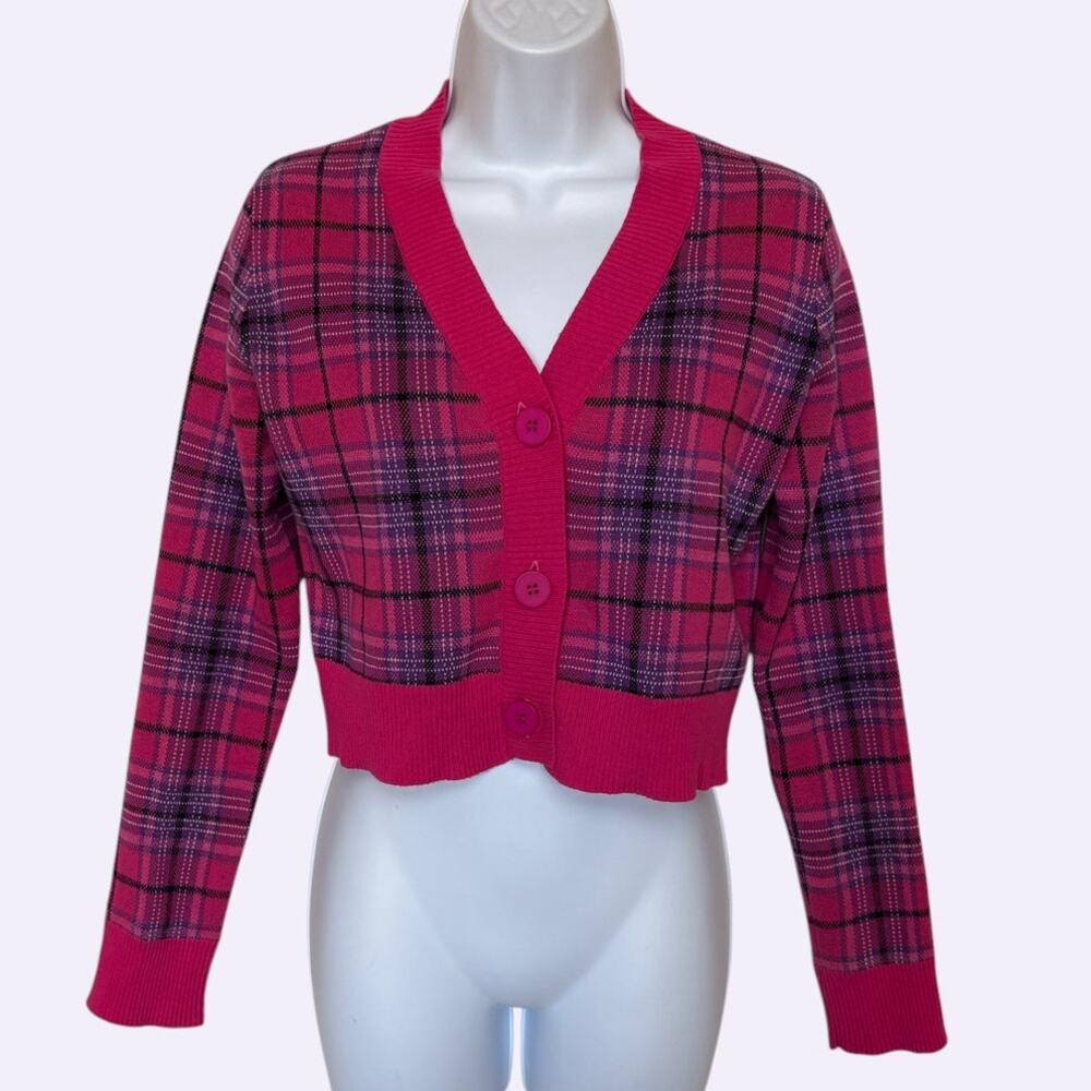 Dolls Kill x Archie Comics Plaid Cropped Button Up Pink and Purple Cardigan s S